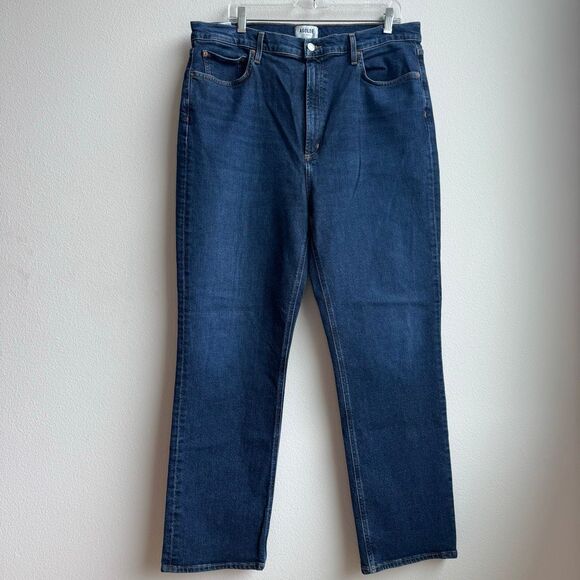 AGOLDE High Rise Stovepipe Solid Blue Wash Straight Leg Jeans Size 34 Inseam 29” - Picture 1 of 5